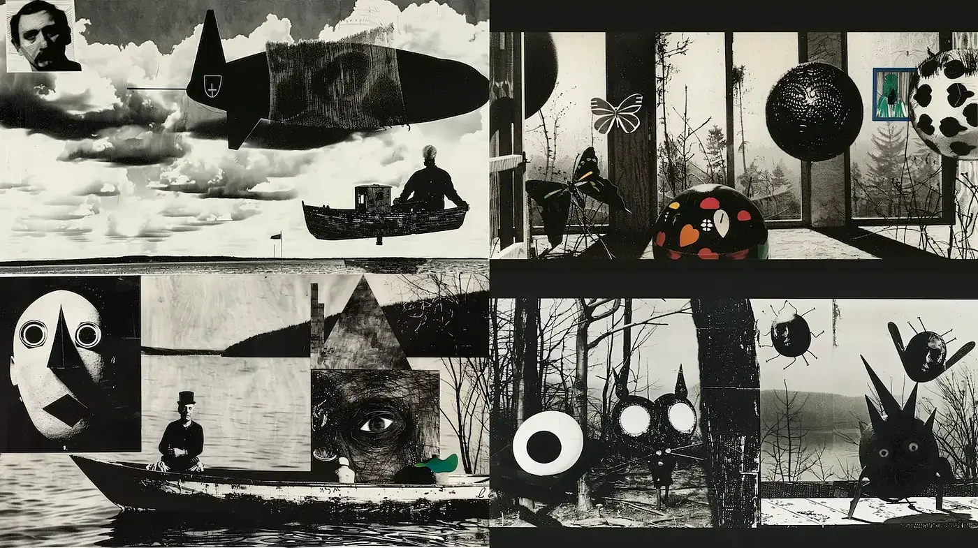 Surrealistic Montage of Monochromatic Whimsy - Midjourney sref style