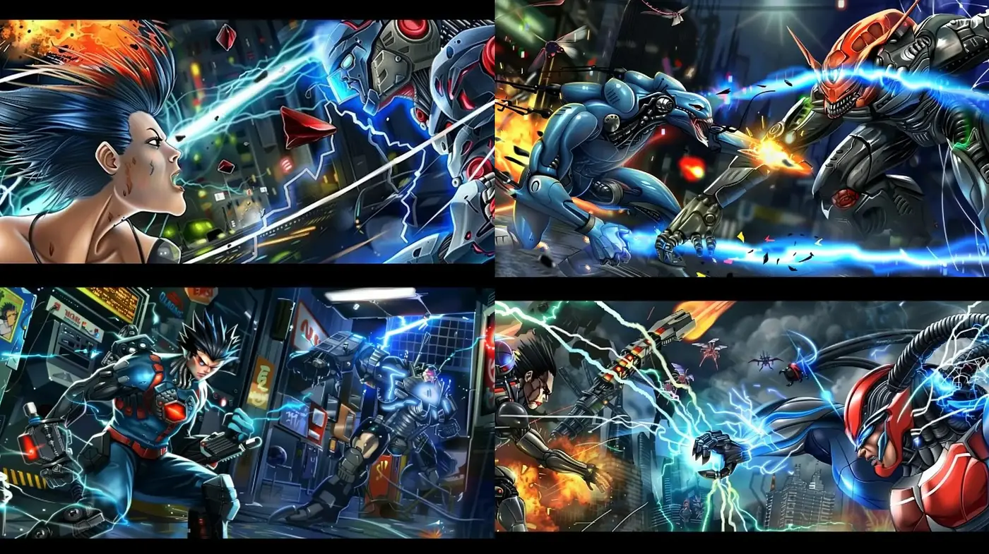 Dynamic Cyberpunk Action with Electrified Hues and Detailed Mechanical Aesthetics - Midjourney sref style