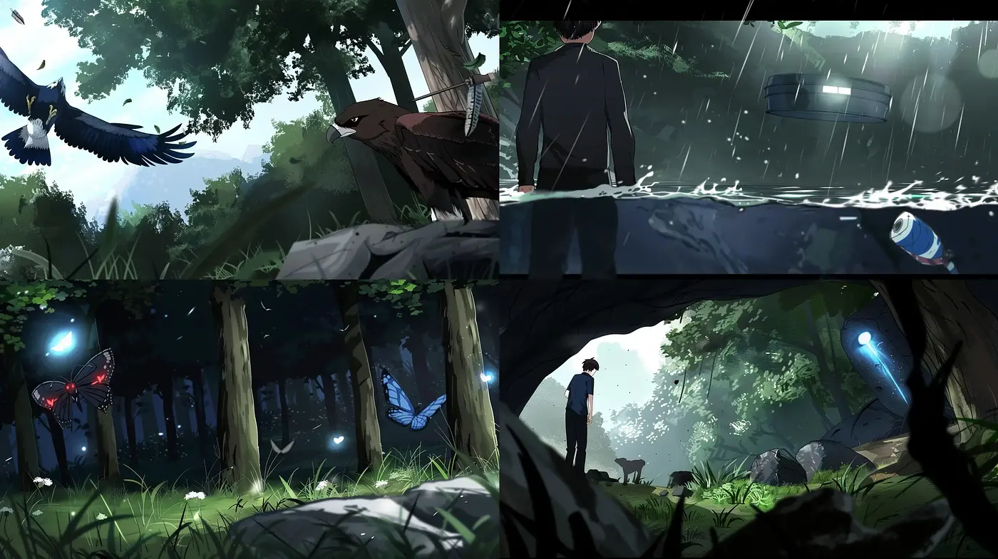 Mystical Forests and Rain-soaked Scenes in Painterly Anime Style - Midjourney sref style