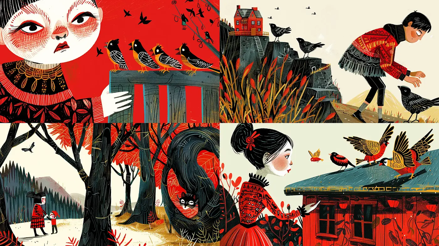 Crimson Folklore Illustrations with a Storybook Essence - Midjourney sref style
