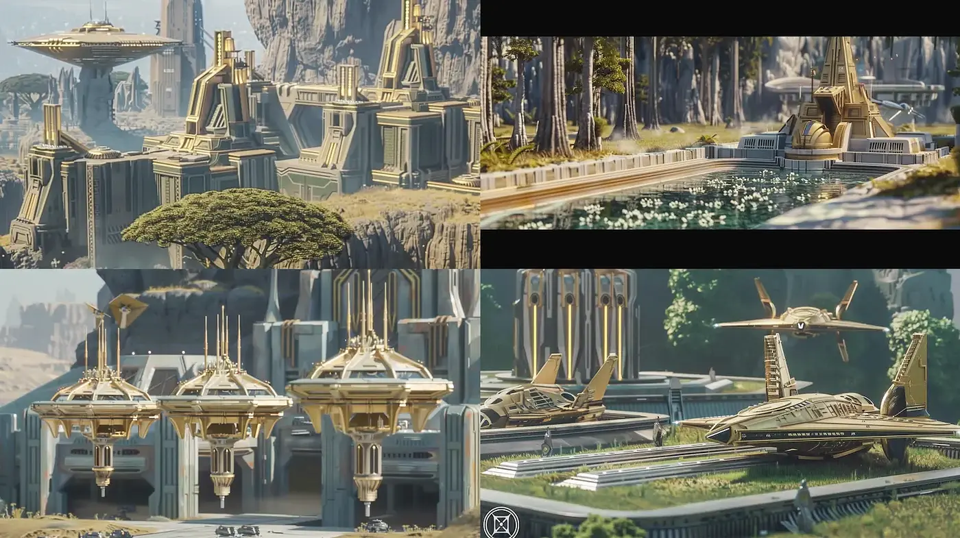 Futuristic architectural landscapes with organic and elegant designs - Midjourney sref style
