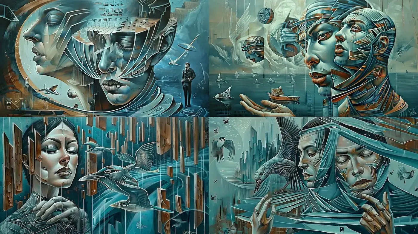 Surrealistic interpretations with a modernist edge and intricate details - Midjourney sref style