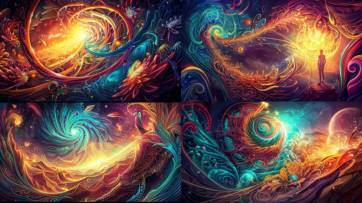 Vibrant Whirls of Dreamy Cosmic Surrealism - Midjourney sref style