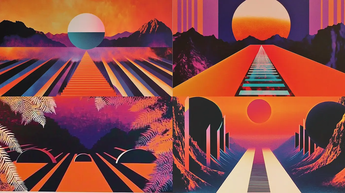 Synthwave Dreamscape: A Harmonious Fusion of Retro-Futurism and Vibrant Sunset Hues - Midjourney sref style
