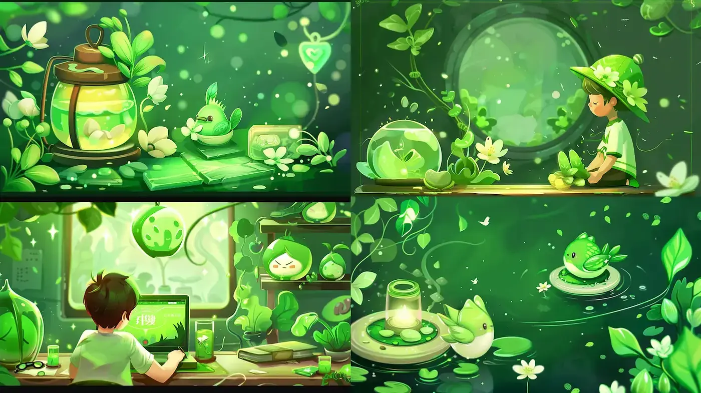 Whimsical Greenery with Playful Character Elements - Midjourney sref style