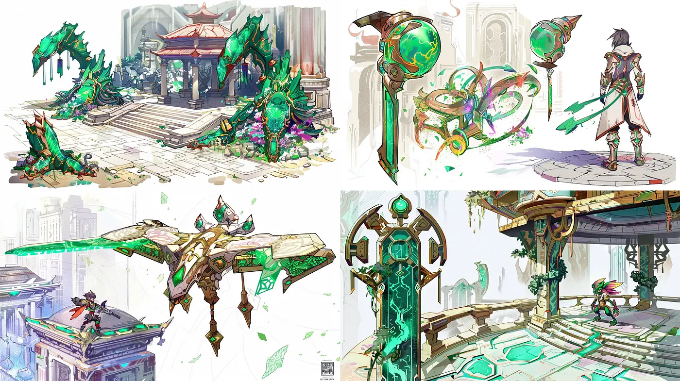 Ethereal Fantasy Sketches in Lush Emerald and Ivory Tones - Midjourney sref style