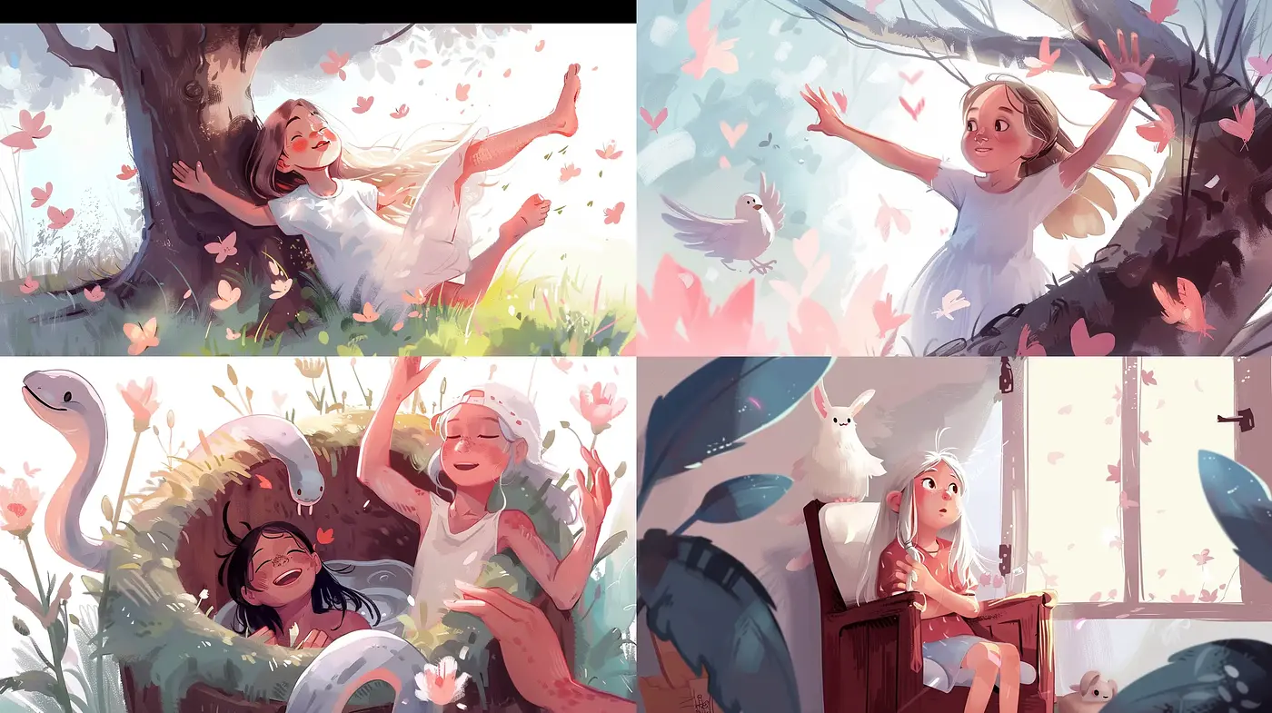 Whimsical Childhood Moments in Blush Tones - Midjourney sref style