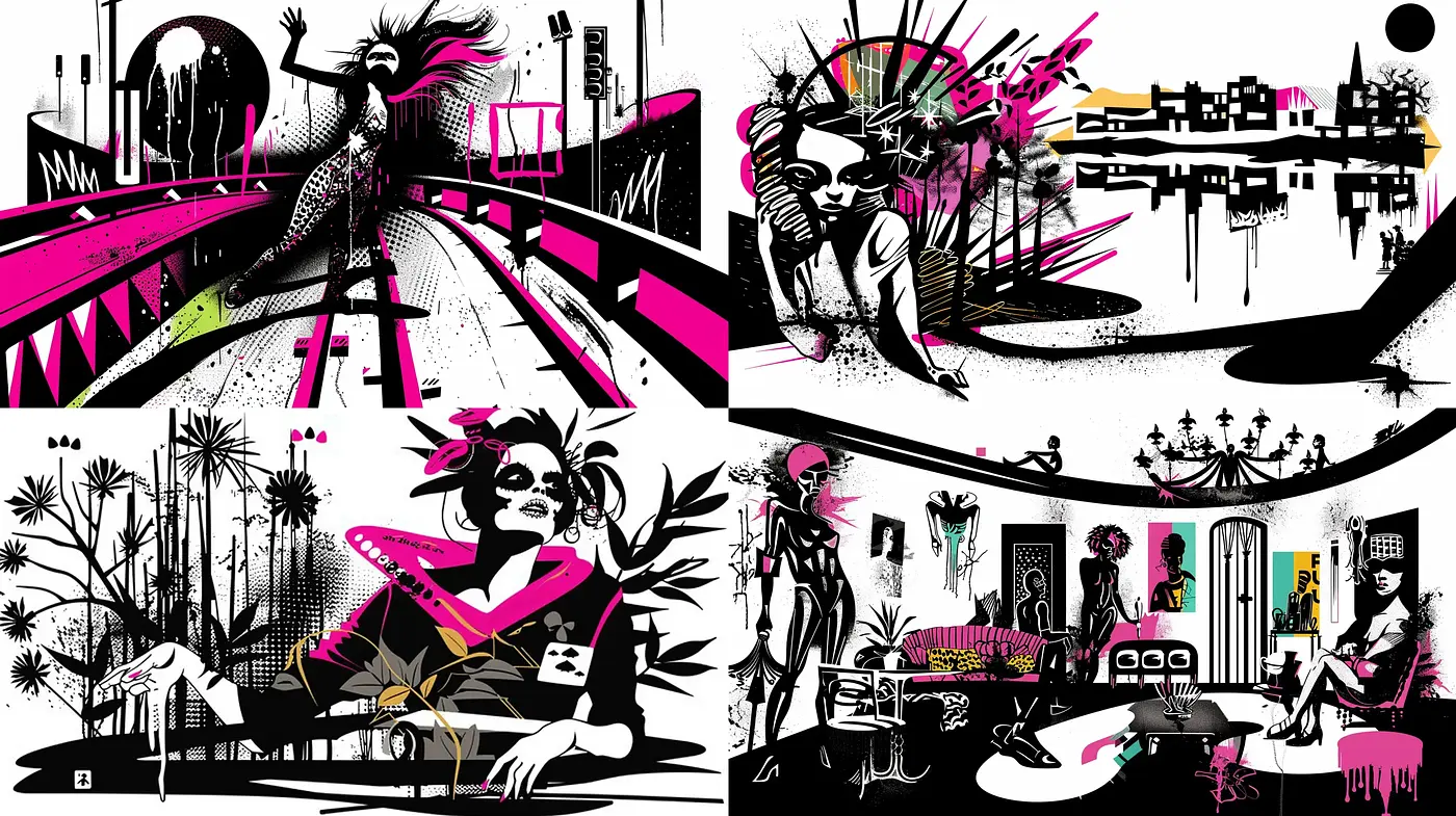 Neon Noir Contrasts: A Fusion of Vibrant Retro-Futurism and Graphic Novel Sensibilities - Midjourney sref style