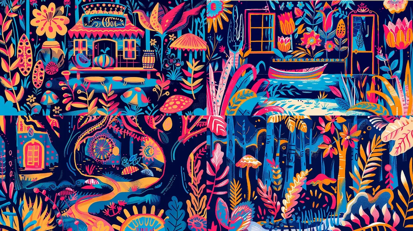 Vibrant Folk Art-Inspired Scenes with a Whimsical and Tropical Aesthetic - Midjourney sref style
