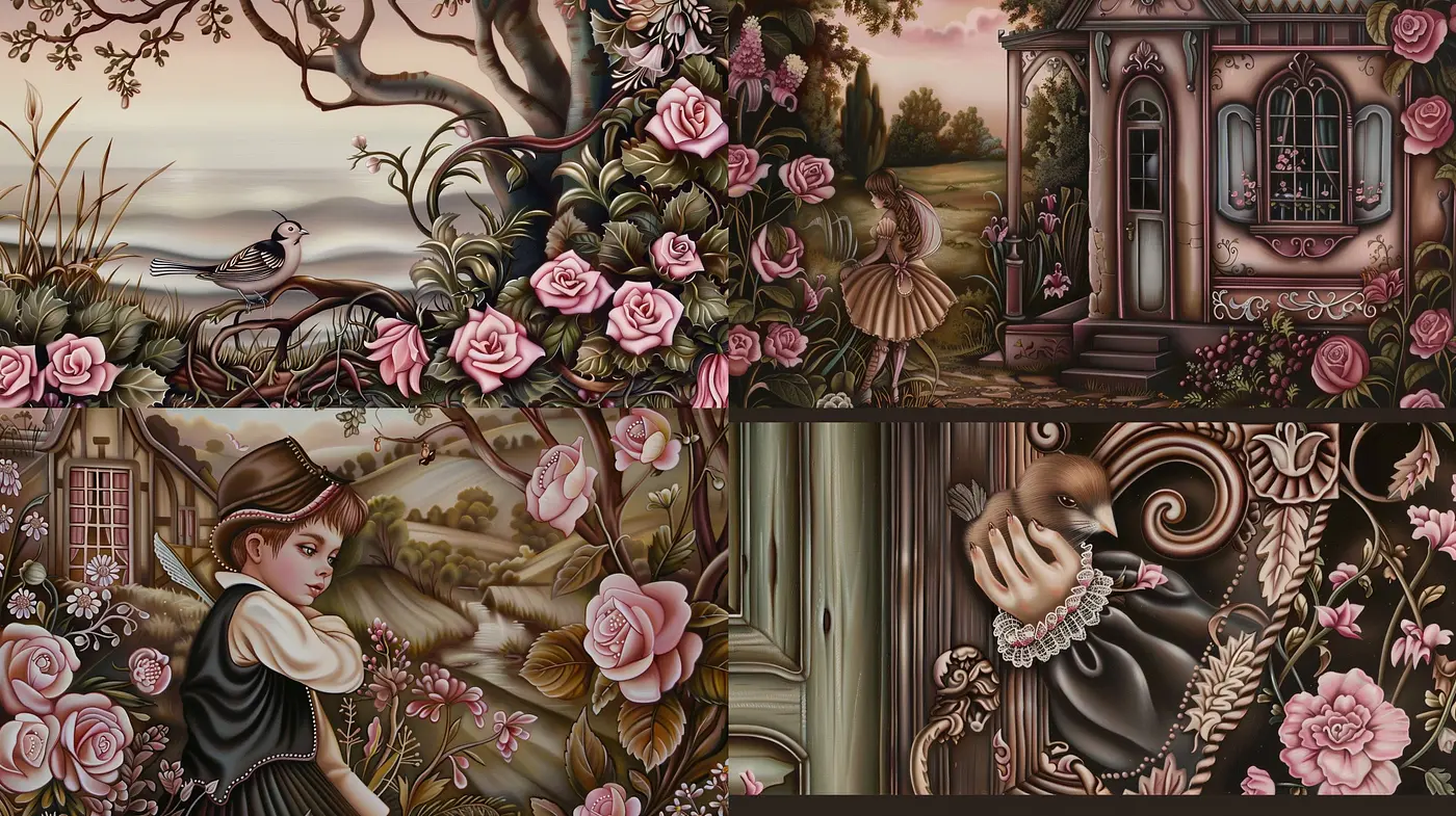 Ethereal Rosy Twilight: A Harmonious Blend of Surrealism and Neo-Victorian Elegance in Sepia Tones - Midjourney sref style