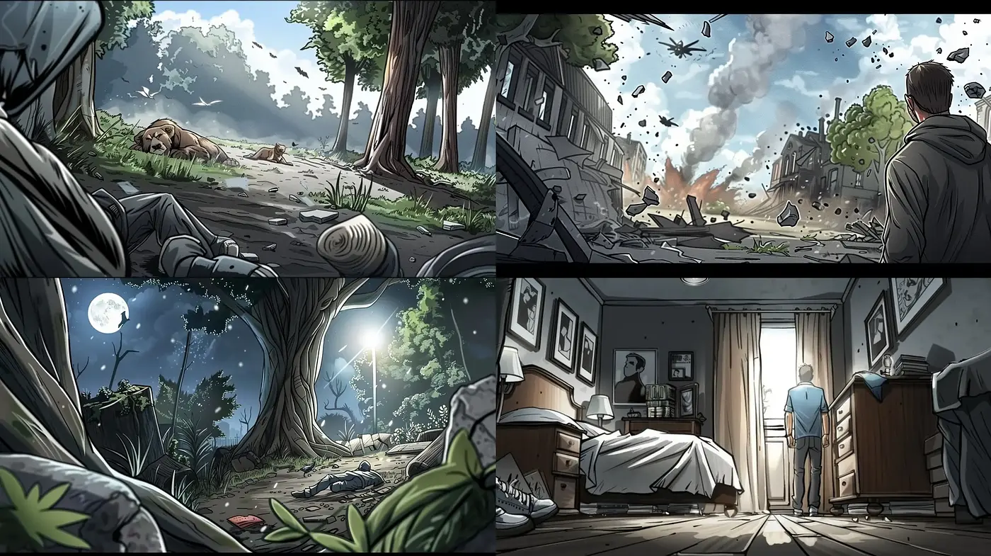 Serene Yet Evocative Comic-style Sceneries - Midjourney sref style