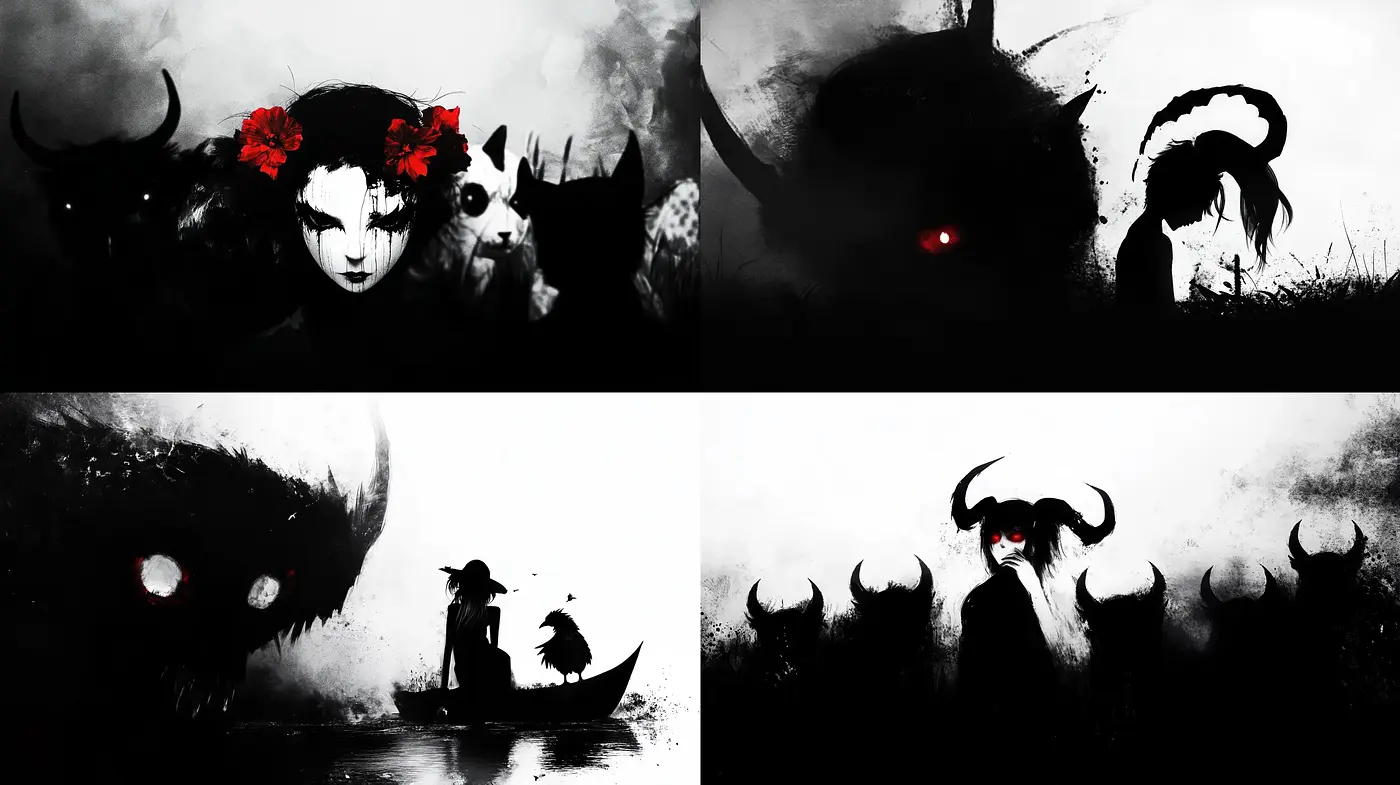 Ethereal Monochrome Dreamscape: Surrealism meets Dark Fantasy - Midjourney sref style
