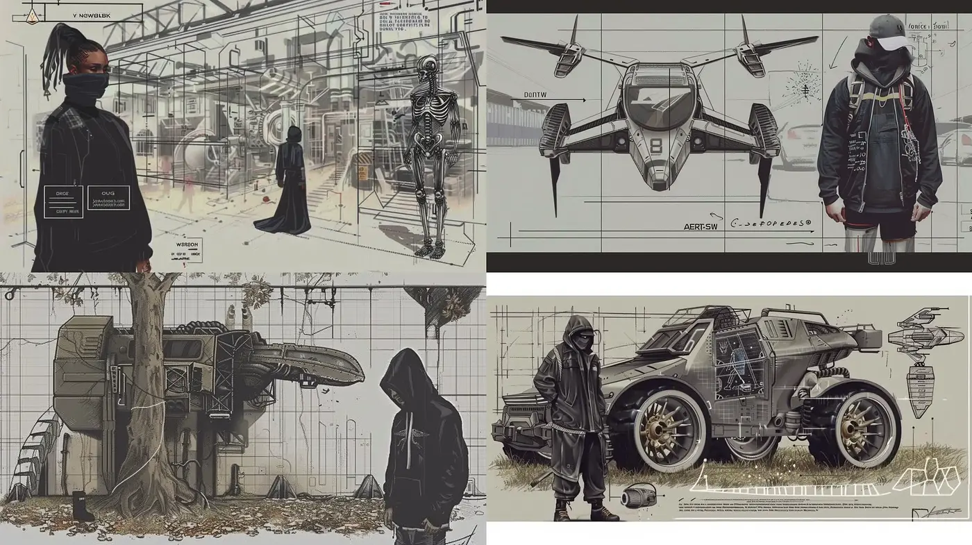 Mechanical Blueprint Elegance with a Hint of Dystopia - Midjourney sref style