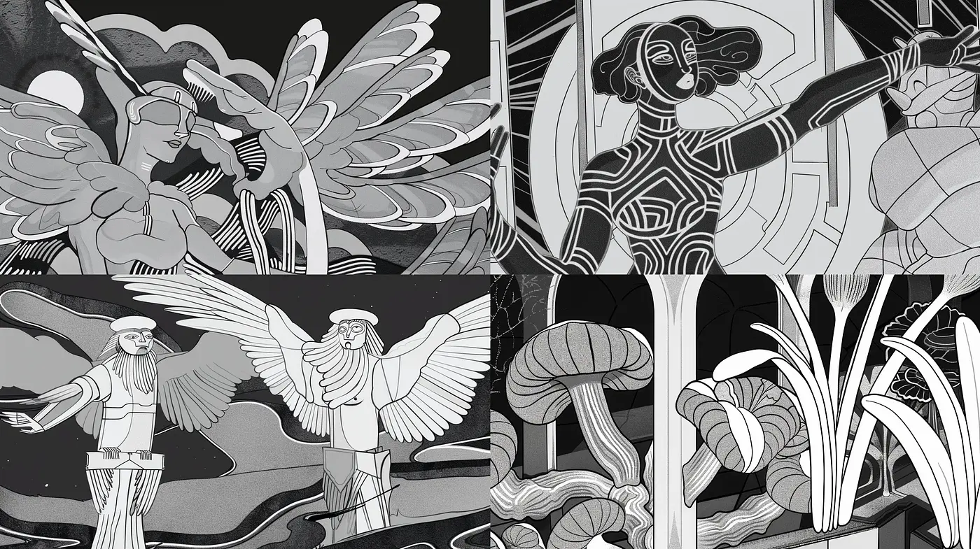 Monochromatic Fusion of Art Deco Elegance and Surreal Forms - Midjourney sref style
