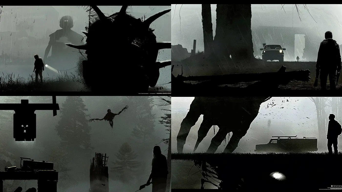 Monochromatic Silhouette Dreamscape in Nocturnal Hues - Midjourney sref style
