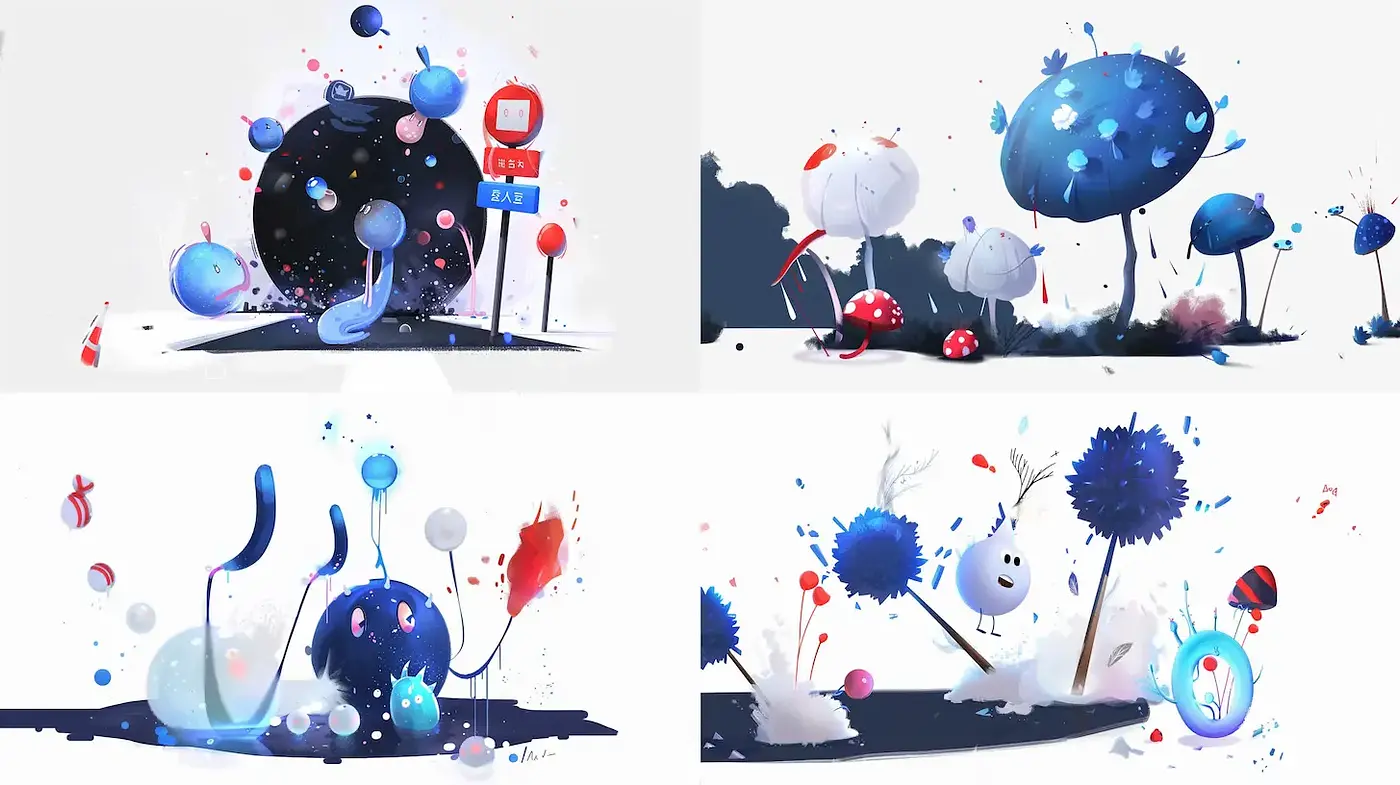 Whimsical and Playful Abstract Landscape with Organic Forms - Midjourney sref style