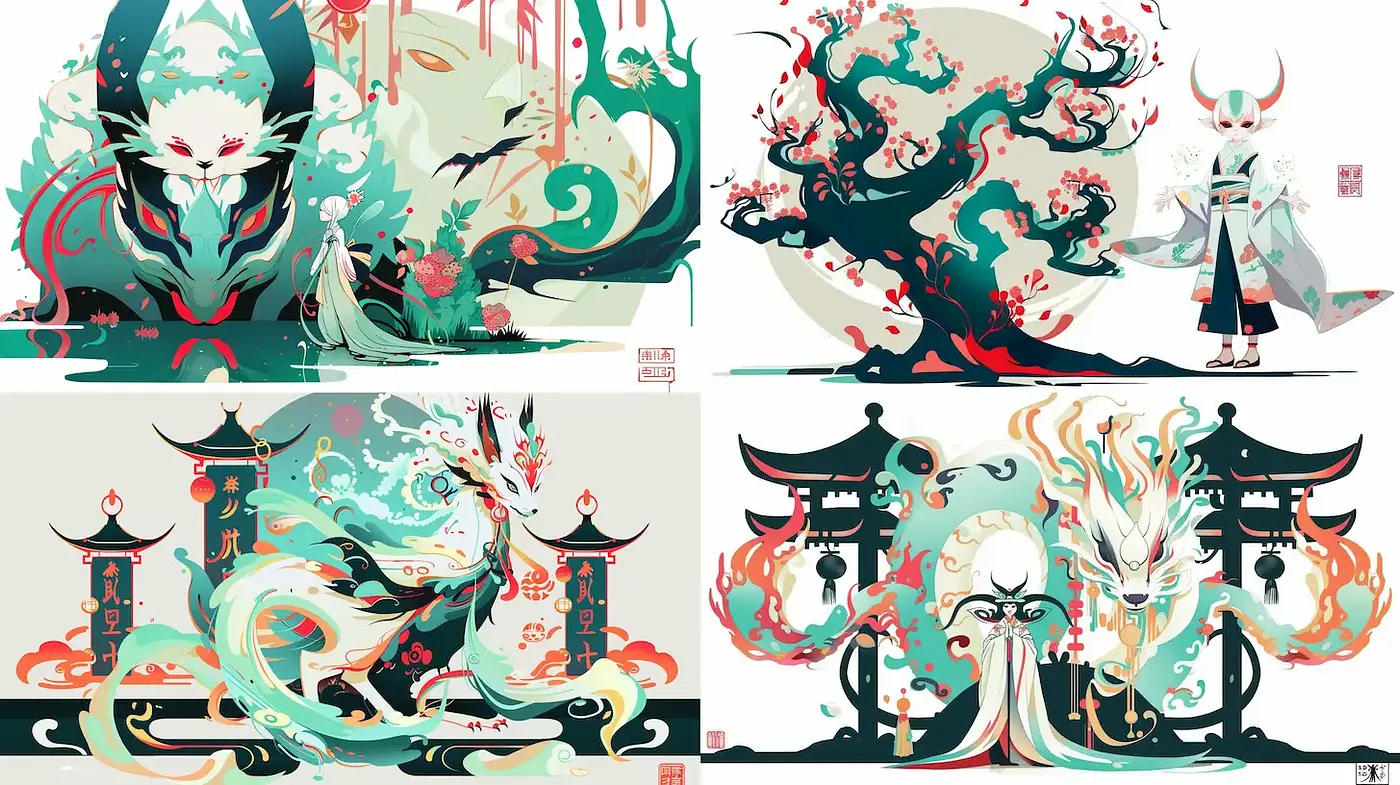 Enchanting Eastern Aesthetic with Flashes of Colorful Playfulness - Midjourney sref style