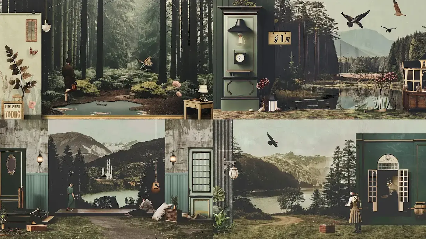 Whimsical Surreal Landscapes with Vintage Charm and Nature Elements - Midjourney sref style