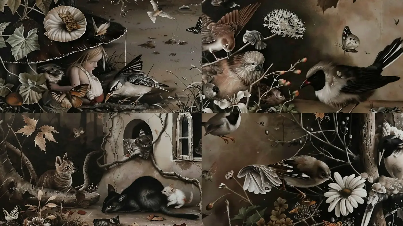 Whimsical Menagerie in a Muted Earthy Dreamscape - Midjourney sref style