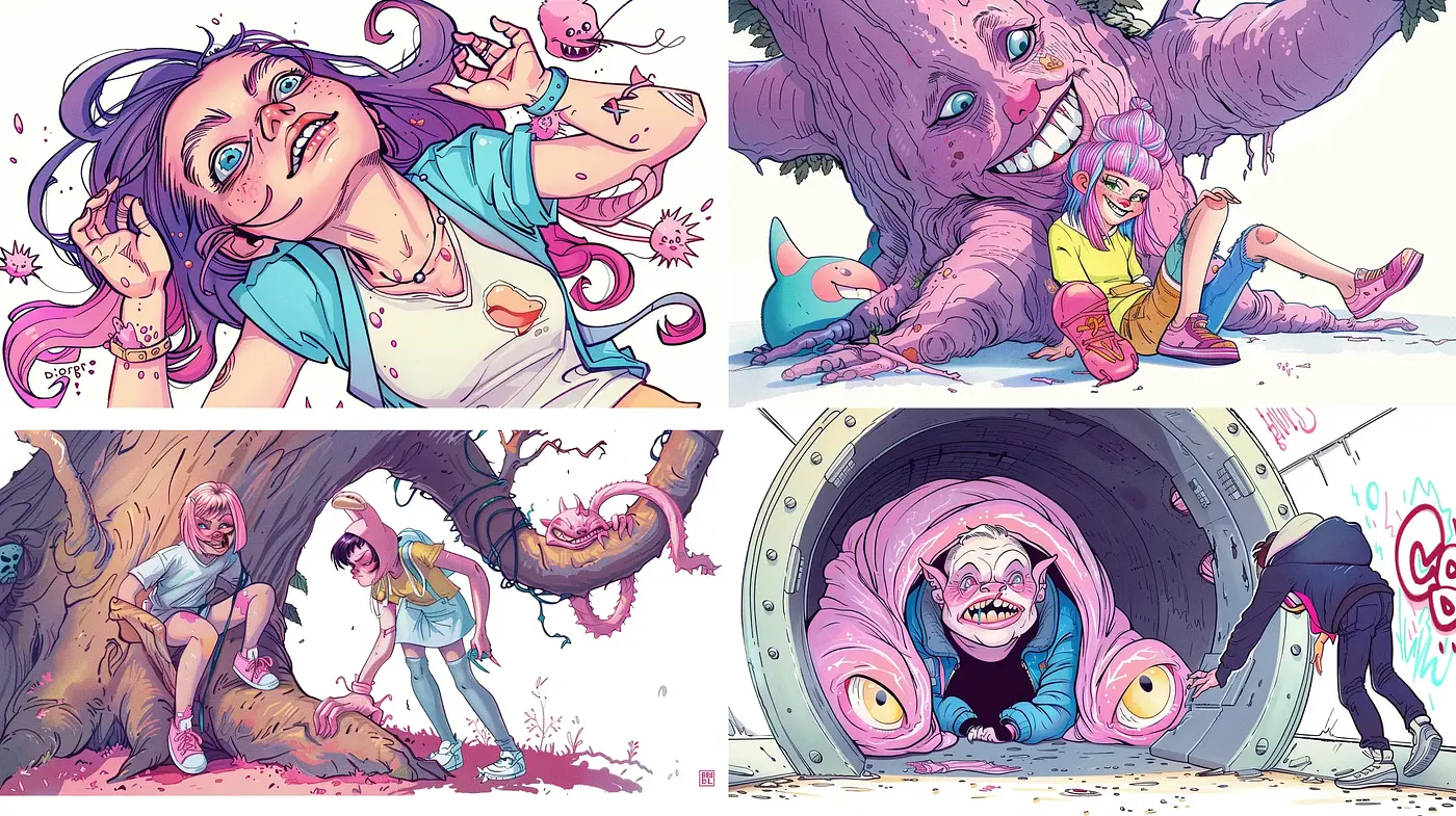 Surreal Fantasy with Whimsical Characters in Vivid Storybook Illustrations - Midjourney sref style