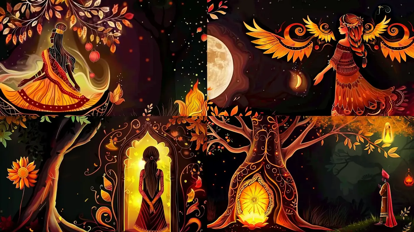Enchanted Nocturnal Garden: A Stylized Symphony of Warm Hues and Mystical Flora - Midjourney sref style