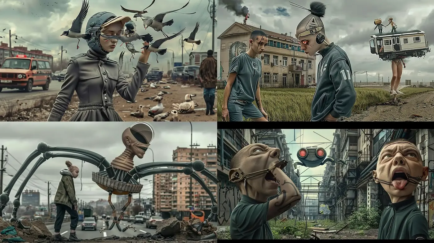 Dystopian Surrealism in Muted Earth Tones - Midjourney sref style
