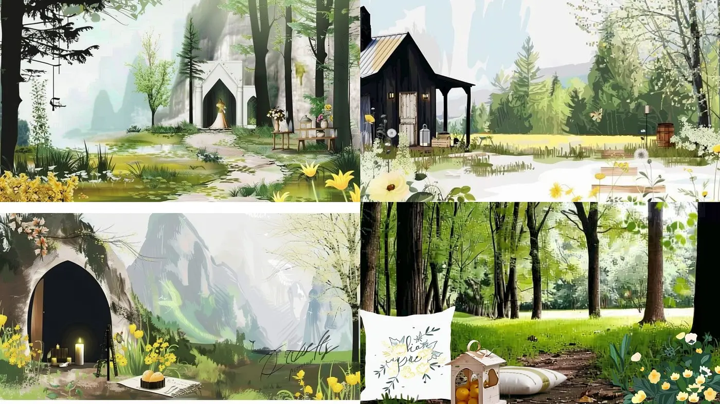 Serene Pastoral Scenes with a Stylized Storybook Illustration Influence - Midjourney sref style
