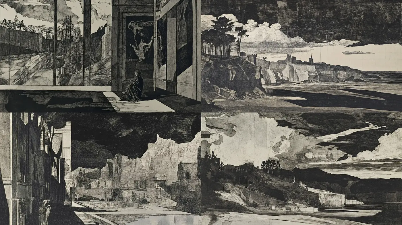 Monochromatic Etched Landscapes: A Fusion of Classic Intaglio and Digital Textures - Midjourney sref style
