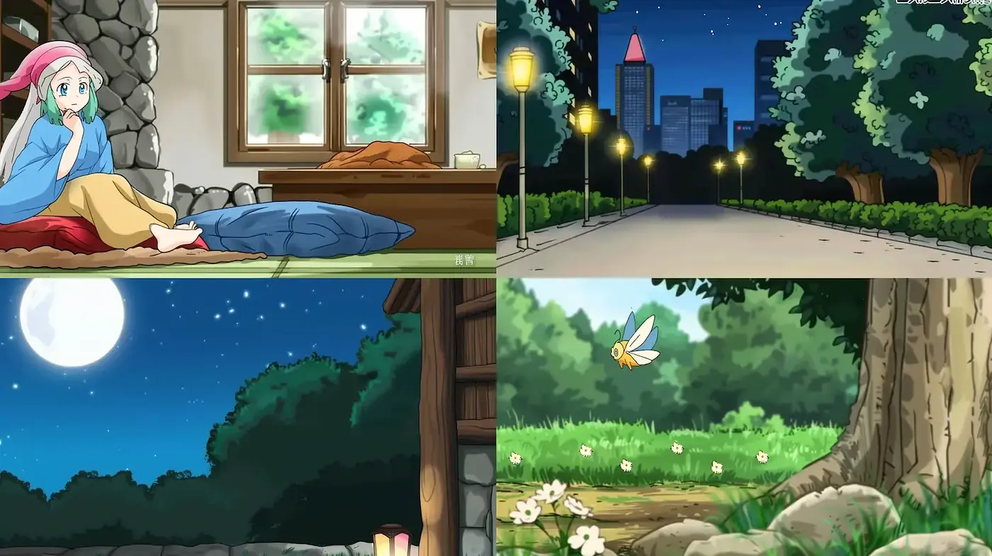 Calming and whimsical anime-inspired night scenes with consistent whimsicality - Midjourney sref style