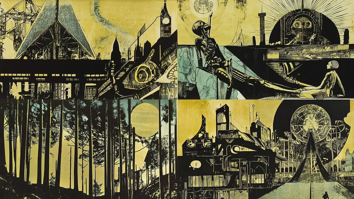 Retrofuturistic Dystopian Dreamscape with Textured Sepia Overtones - Midjourney sref style