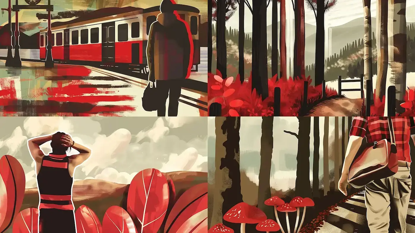 Rustic Locomotion in Crimson Nostalgia: A Homage to Stylized Woodlands - Midjourney sref style