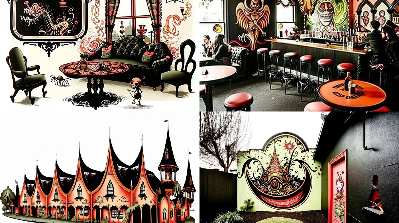 Surrealist Gothic Carnival: An Exploration in Vivid Contrasts and Whimsical Shadows - Midjourney sref style