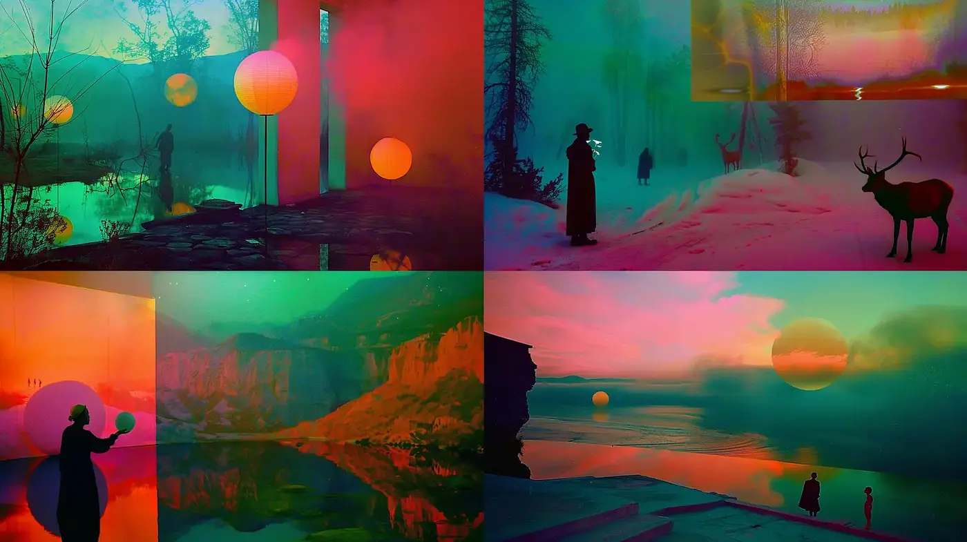 Surreal and ethereal landscapes with vibrant contrasts - Midjourney sref style