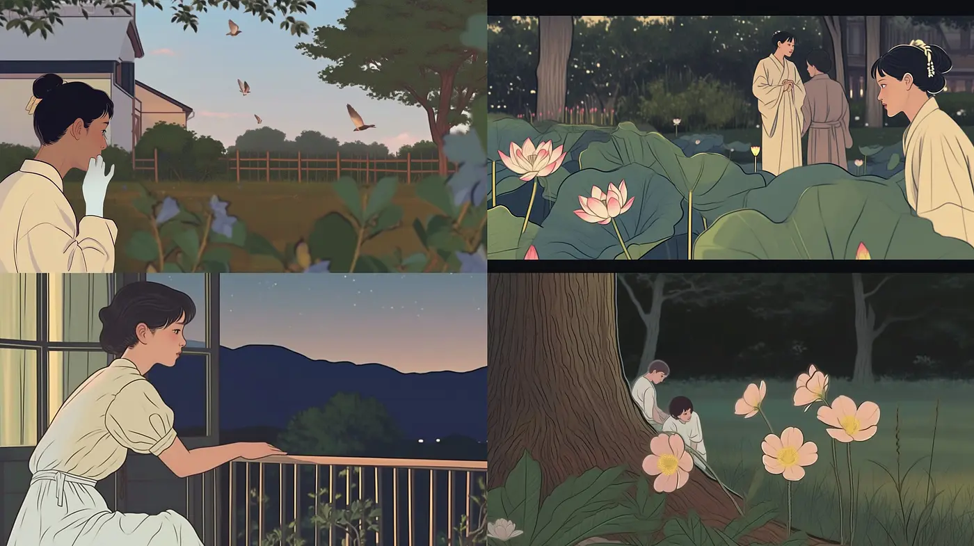 Serene Tranquility in Stylized Pastoral Vignettes: A Study in Anime-Inspired Digital Art - Midjourney sref style