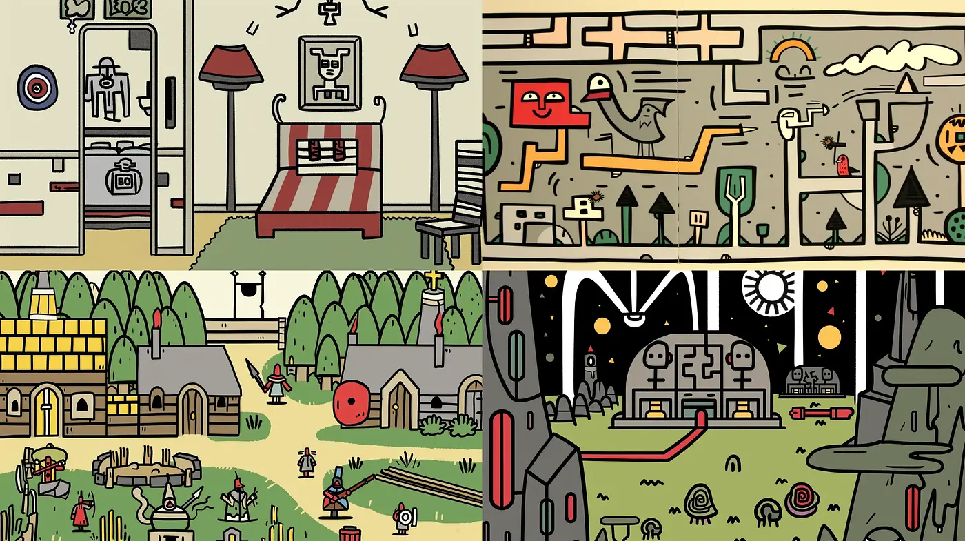 Eclectic Doodle Narratives: A Juxtaposition of Simplified Forms and Vivid Storytelling - Midjourney sref style