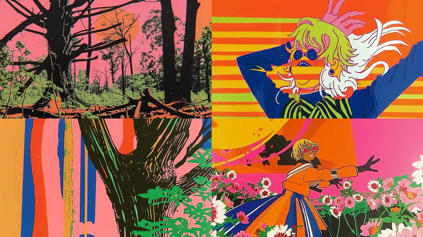 Vibrant Pop Art Fusion with Nature and Figures - Midjourney sref style
