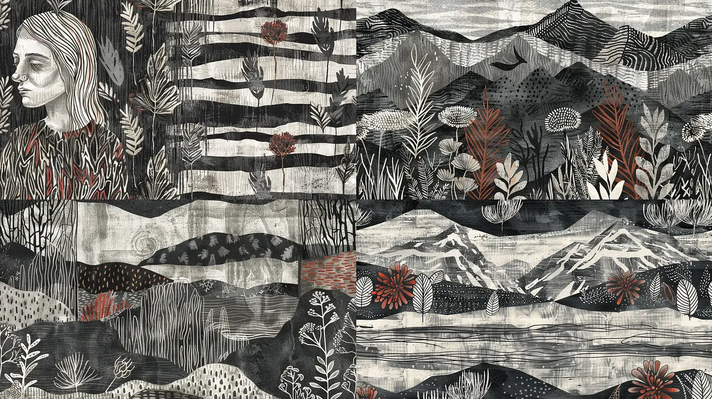 Melancholic Nature Fusion in Monochromatic Textured Tapestry - Midjourney sref style