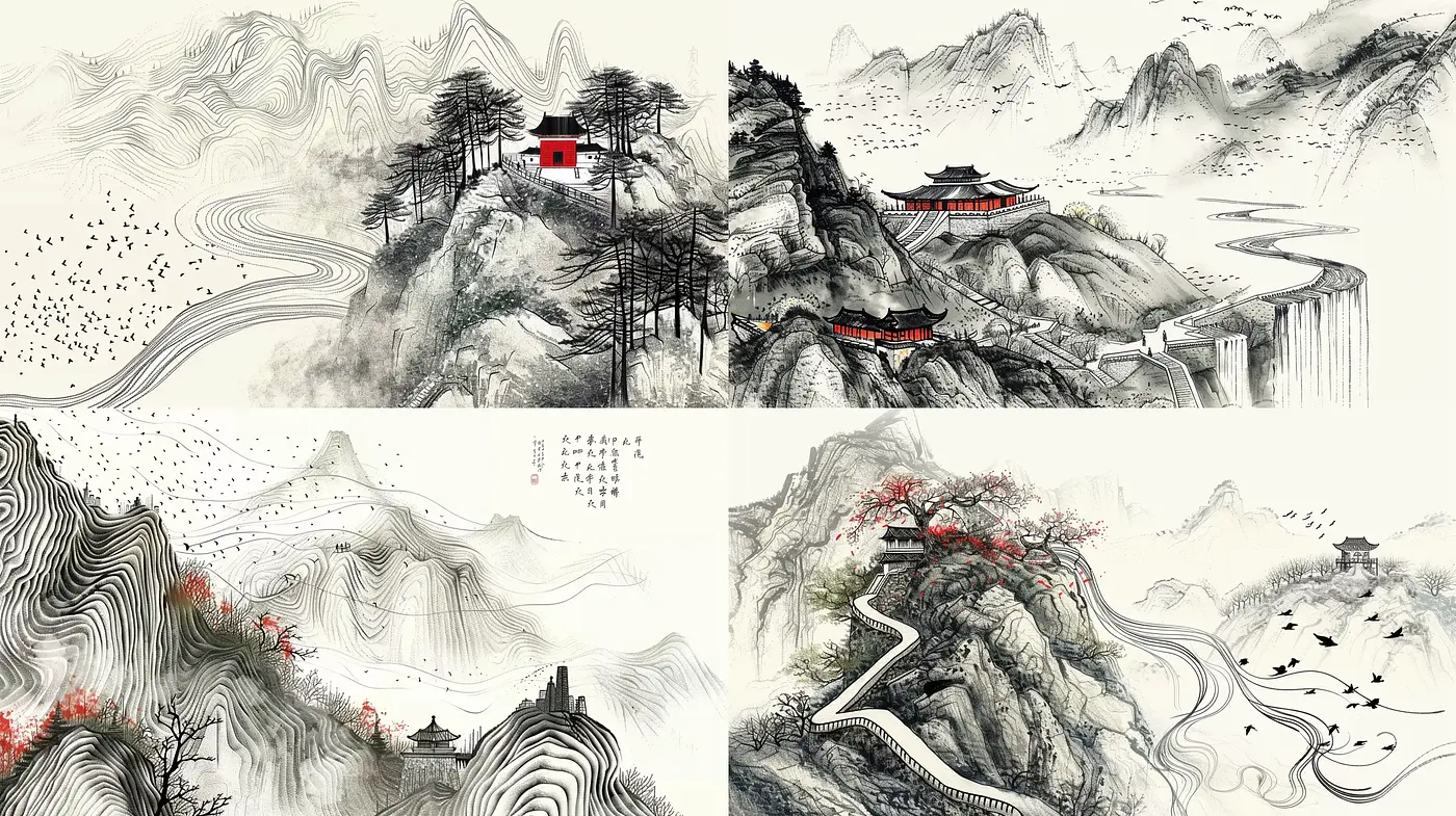 Monochromatic East Asian Ink Wash Mountainous Landscapes with Pops of Vermilion - Midjourney sref style