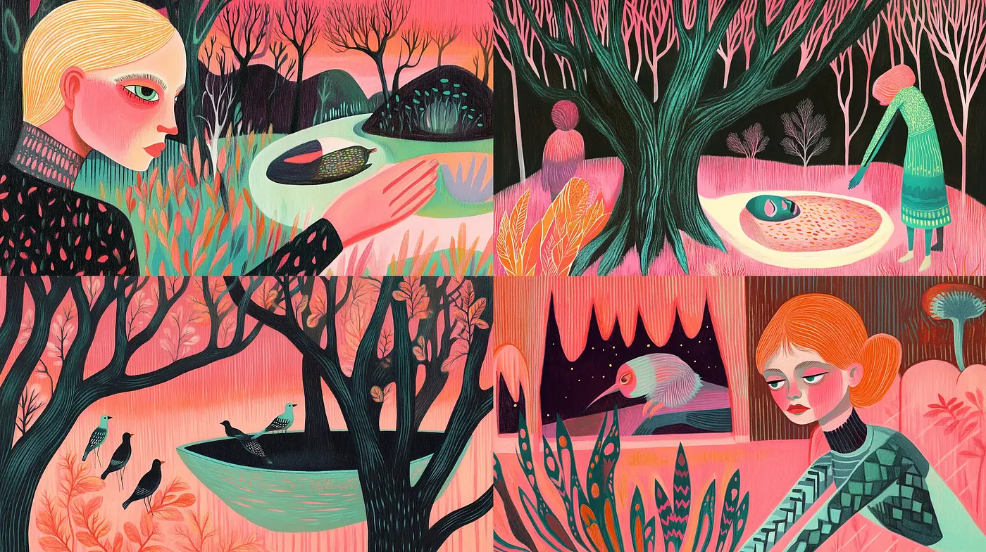 Enchanted Whimsy in Twilight Hues: A Medley of Fanciful Scenes with Woodland Charm - Midjourney sref style