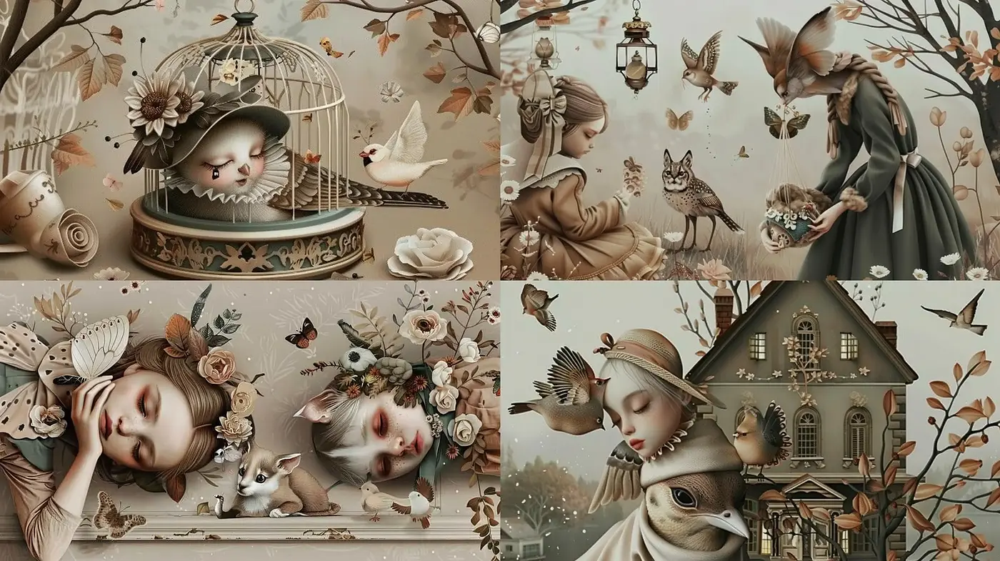 Whimsical Sepia Dreamscape with Surrealist Overtones - Midjourney sref style