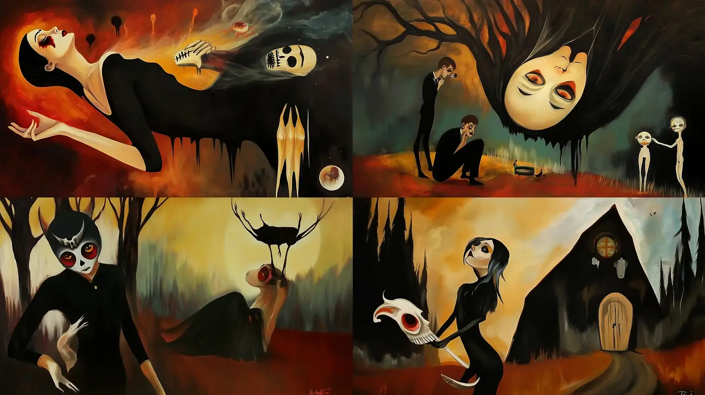 Eerie Surrealist Dreamscape: A Haunting Blend of Melancholy and Macabre - Midjourney sref style