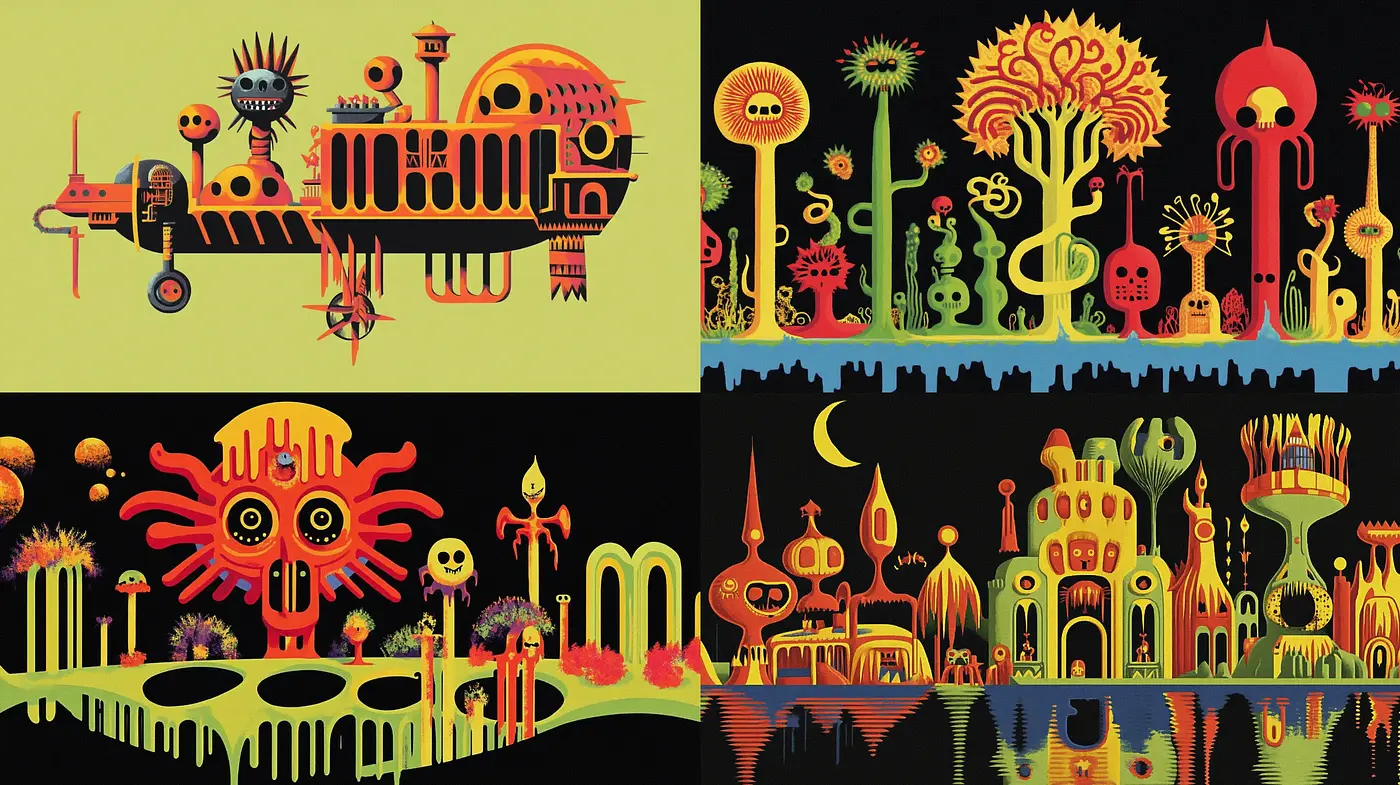 Luminous Whimsicality: A Fusion of Psychedelic and Surrealistic Imagery - Midjourney sref style