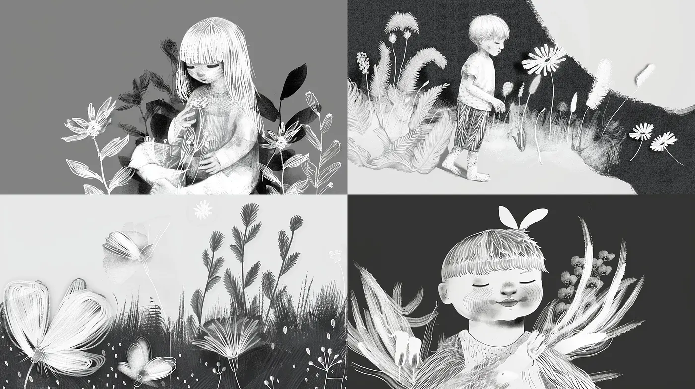 Monochromatic Whimsy: A Fusion of Sketch-like Textures and Storybook Imagery - Midjourney sref style