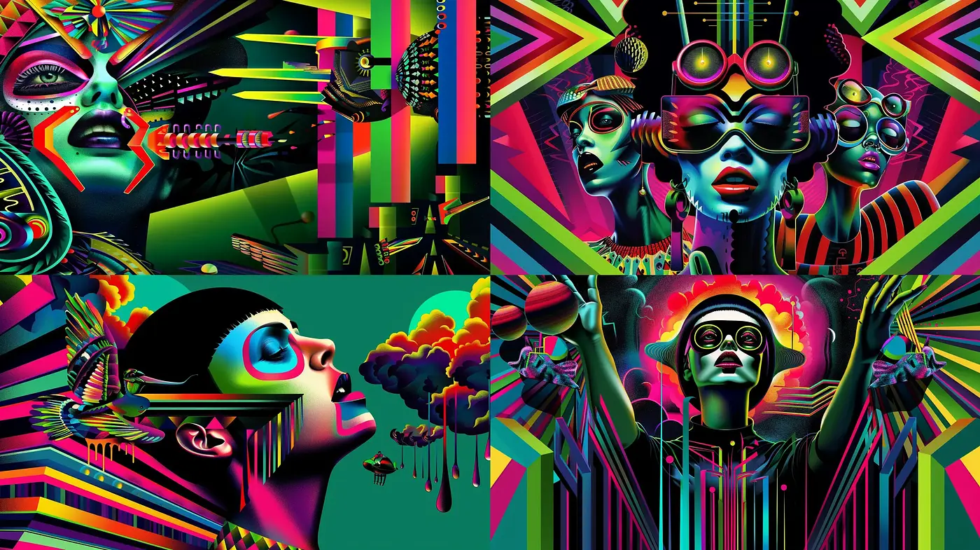 Psychedelic Neon Dreamscape: A Homage to Futurism and Fantasy - Midjourney sref style