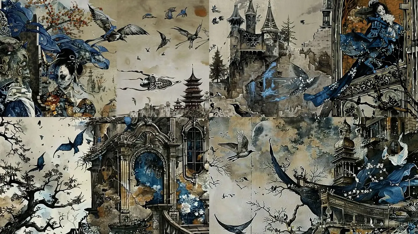 Ethereal Dreamscape Fusion in Monochromatic Hues with Mythical Overtones - Midjourney sref style