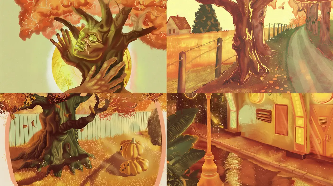 Autumnal Serenity: A Warm Blend of Nostalgic Hues and Dreamy Storybook Illustrations - Midjourney sref style