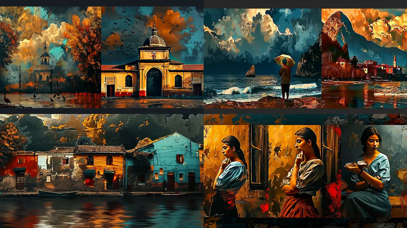 Dramatic Sunset Hues and Textured Serenity - Midjourney sref style