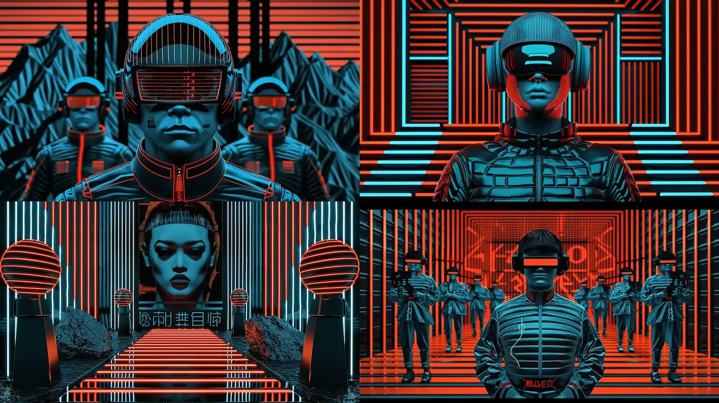 Futuristic cyberpunk imagery with geometric abstraction and vibrant neon contrasts - Midjourney sref style