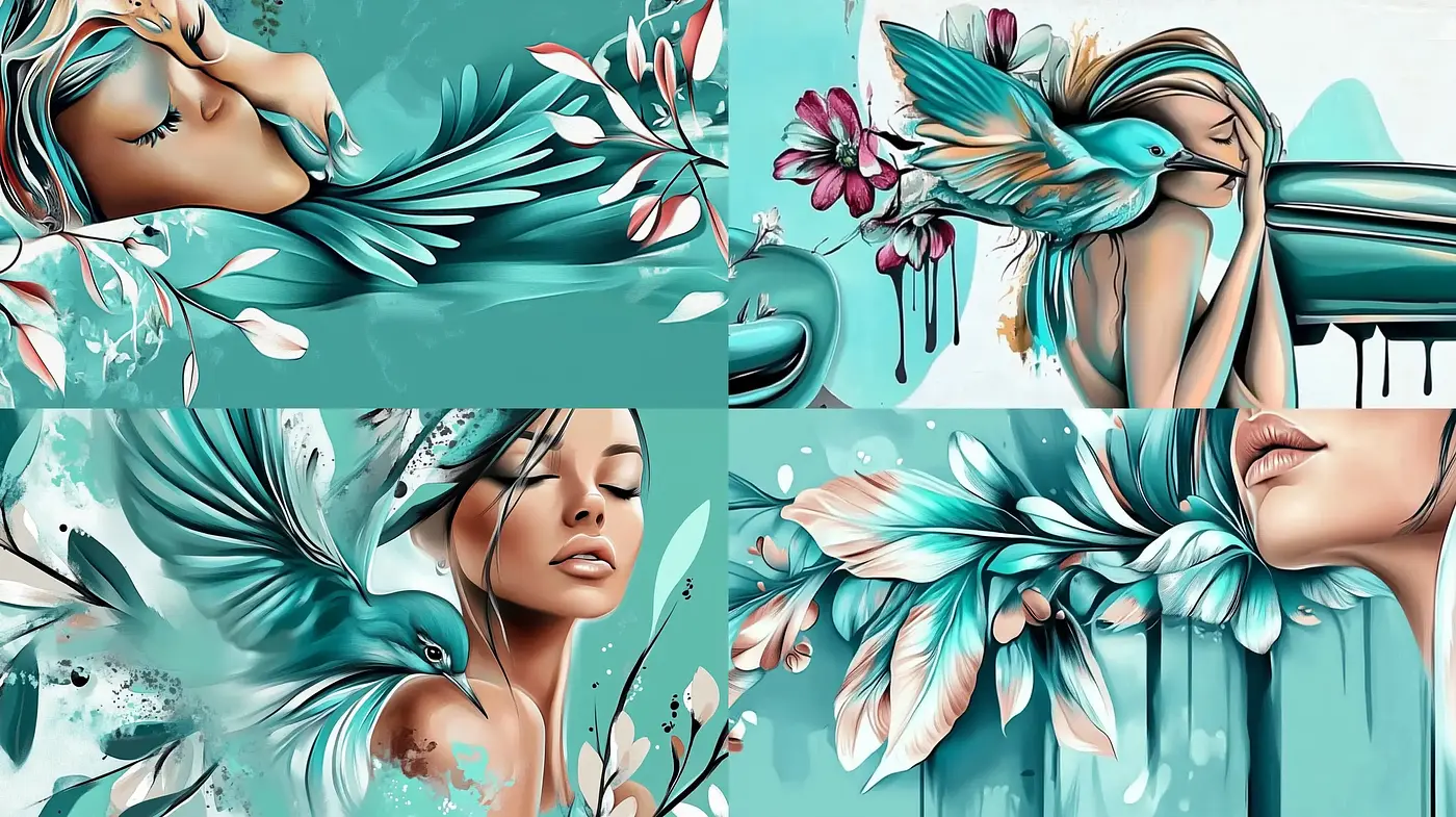 Serenity in Aqua: A Fusion of Art Nouveau Flourishes and Nature-influenced Harmony - Midjourney sref style