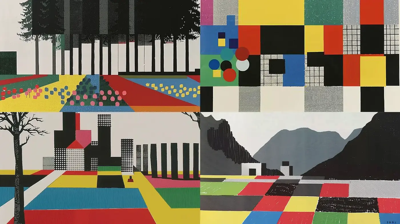Geometric Abstraction with Bold Color Blocking and Minimalist Elements - Midjourney sref style